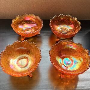Vtg Lot of 4 Fenton "Leaf Tiers" Bowls Footed Carnival Glass Marigold Berry Bowl